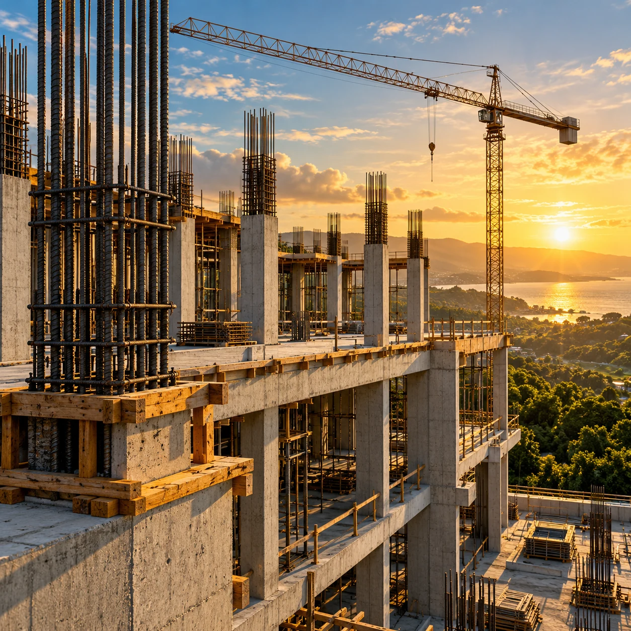 Illustrative construction concept showing concrete structures, reinforcement and a tower crane at sunrise